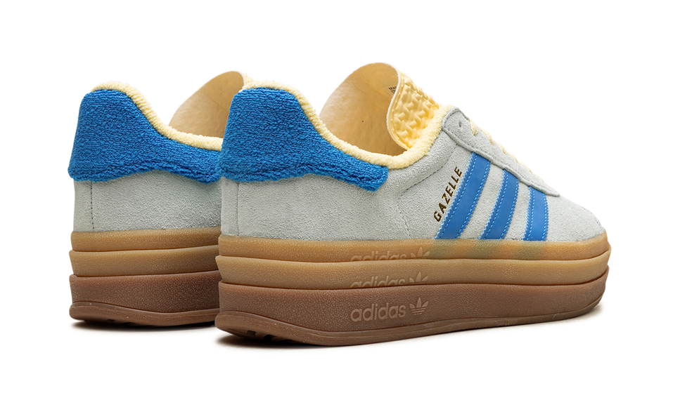 Adidas Gazelle Bold Almost Blue Yellow (Women's) IE0430 SneakerMood Pair, rear three-quarter view