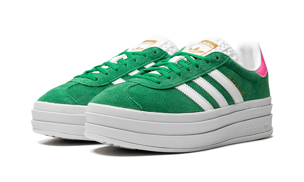 Adidas Gazelle Bold Green Lucid Pink (Women's) IG3136 SneakerMood Pair, front three-quarter view