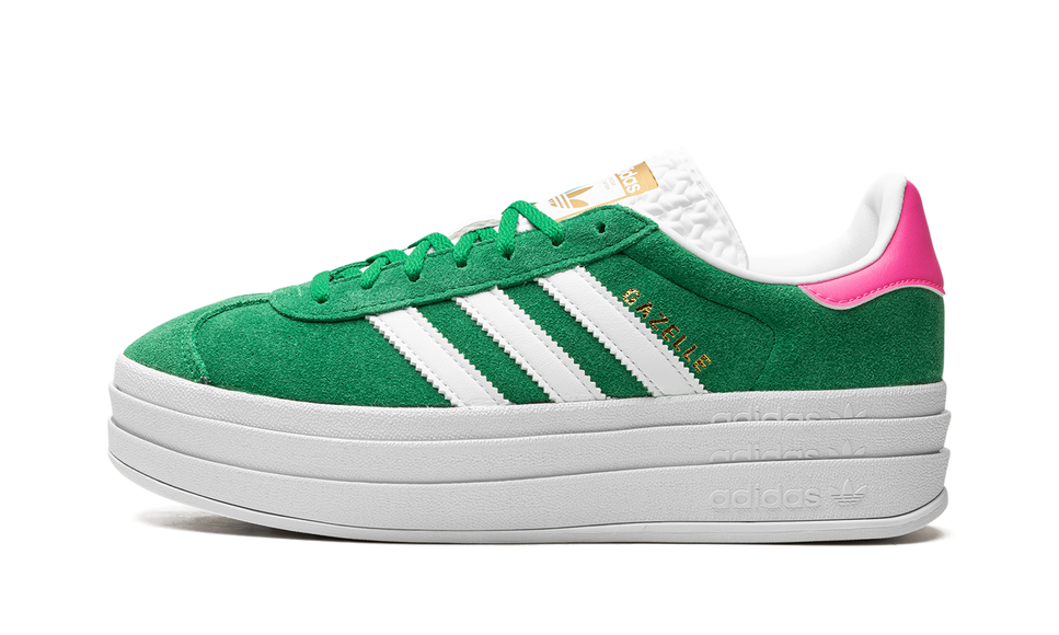 Adidas Gazelle Bold Green Lucid Pink (Women's) IG3136 SneakerMood Side view, toe pointing left