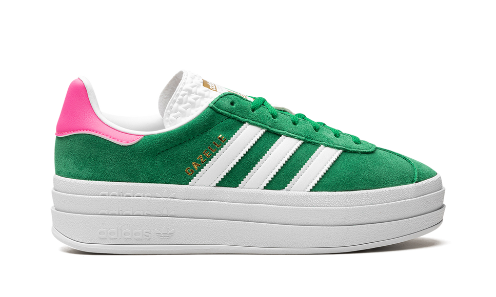Adidas Gazelle Bold Green Lucid Pink (Women's) IG3136 SneakerMood Side view, toe pointing right