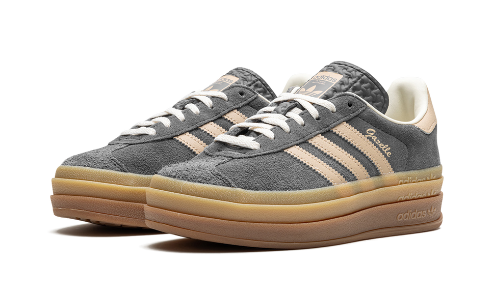 Adidas Gazelle Bold Grey Magic Beige Gum (Women's) IE0428 SneakerMood Pair, front three-quarter view