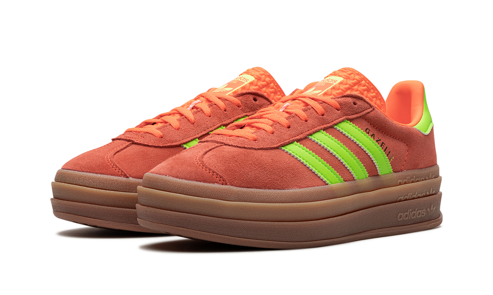 Adidas Gazelle Bold Solar Orange Solar Green (Women's) H06126 SneakerMood Pair, front three-quarter view