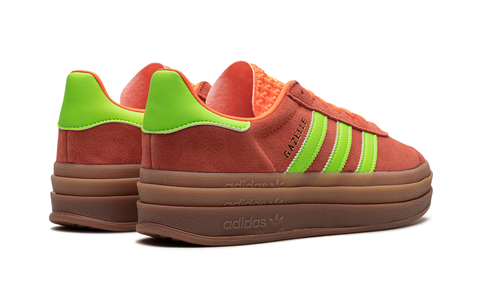 Adidas Gazelle Bold Solar Orange Solar Green (Women's) H06126 SneakerMood Pair, rear three-quarter view
