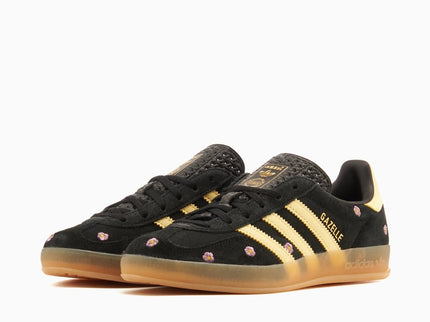 Adidas Gazelle Indoor Core Black Almost Yellow Floral (Women's) IF4490 SneakerMood Pair, front three-quarter view