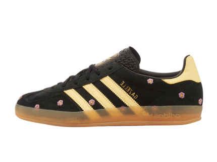 Adidas Gazelle Indoor Core Black Almost Yellow Floral (Women's) IF4490 SneakerMood Side view, toe pointing left