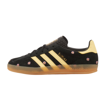 Adidas Gazelle Indoor Core Black Almost Yellow Floral (Women's) IF4490 SneakerMood Side view, toe pointing left