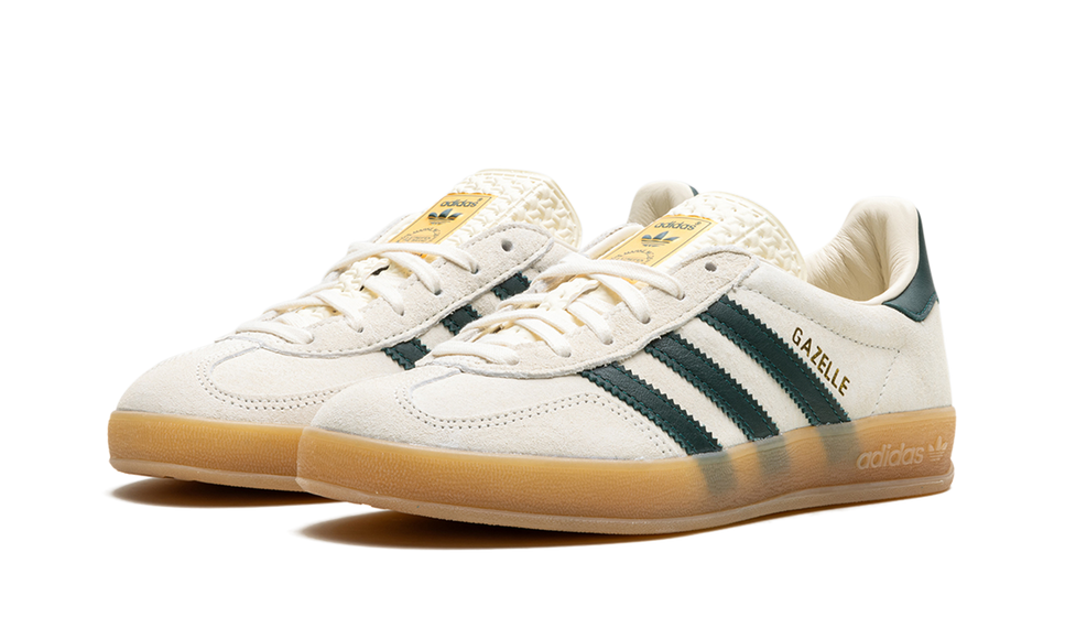 Adidas Gazelle Indoor Cream White Collegiate Green Gum IH7502 SneakerMood Pair, front three-quarter view