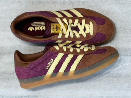 Adidas Gazelle Indoor Maroon Almost Yellow JI0324 SneakerMood Pair, styled top view