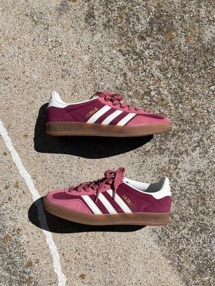 Adidas Gazelle Indoor Maroon Preloved Crimson IF9647 SneakerMood Pair, styled view from above