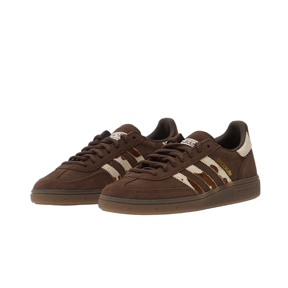 Adidas Handball Spezial Brown Cow Stripes (Women's) KJ7422 SneakerMood Pair, front three-quarter view