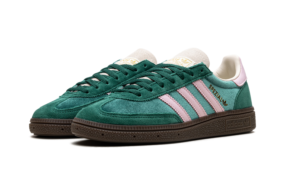 Adidas Handball Spezial Green Pink Velvet (Women's) JI2648 SneakerMood Pair, front three-quarter view