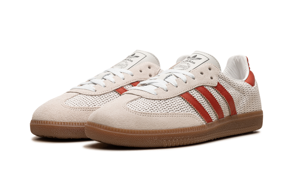 Adidas Samba OG Crystal White Preloved Red IG1380 SneakerMood Pair, front three-quarter view
