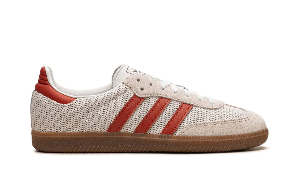 Adidas Samba OG Crystal White Preloved Red IG1380 SneakerMood Side view, toe pointing right