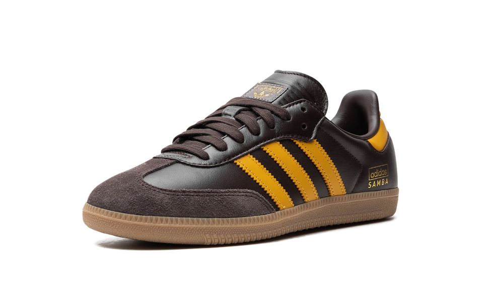Adidas Samba OG Dark Brown Preloved Yellow IG6174 SneakerMood Front three-quarter view