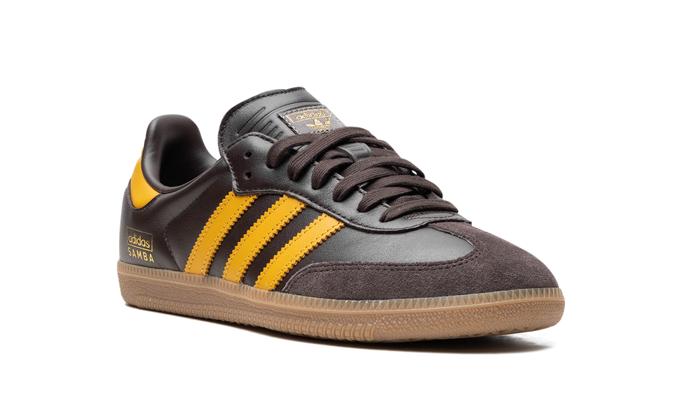 Adidas Samba OG Dark Brown Preloved Yellow IG6174 SneakerMood Front three-quarter view