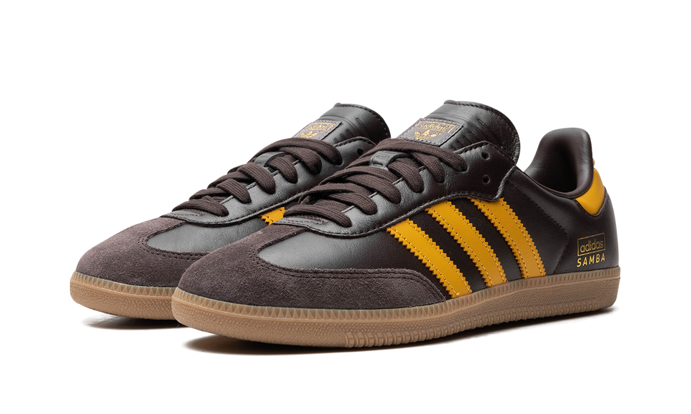 Adidas Samba OG Dark Brown Preloved Yellow IG6174 SneakerMood Pair, front three-quarter view