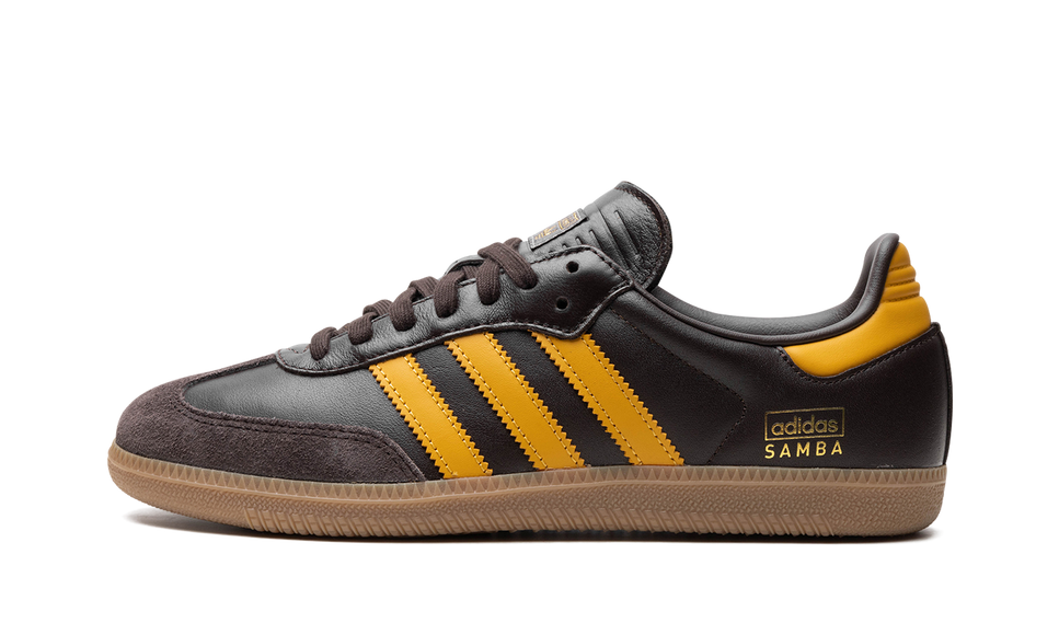 Adidas Samba OG Dark Brown Preloved Yellow IG6174 SneakerMood Side view, toe pointing left