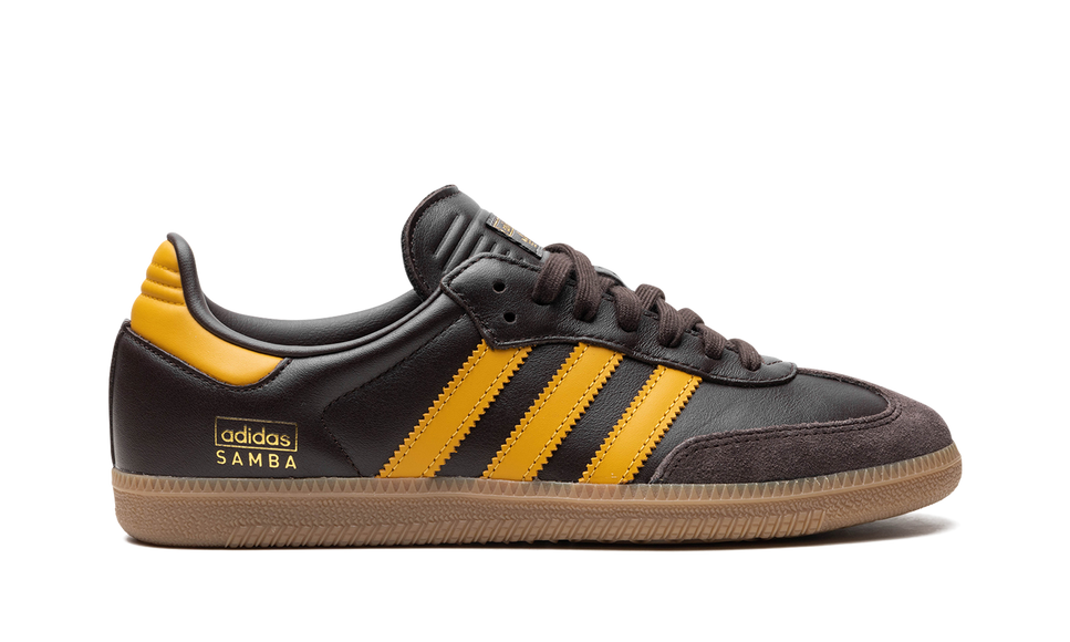Adidas Samba OG Dark Brown Preloved Yellow IG6174 SneakerMood Side view, toe pointing right