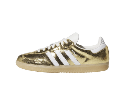 Adidas Samba OG Gold Metallic Cracked Leather (Women's) KI5719 SneakerMood Side view, toe pointing left