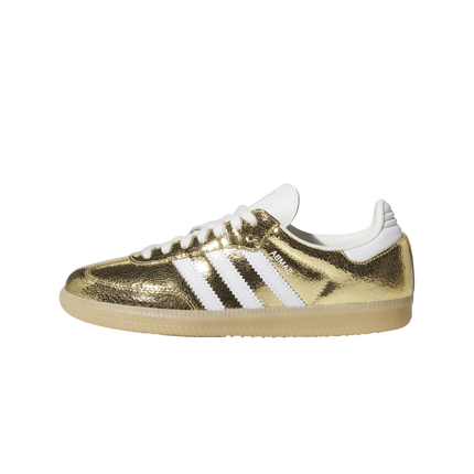 Adidas Samba OG Gold Metallic Cracked Leather (Women's) KI5719 SneakerMood Side view, toe pointing left