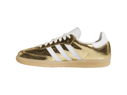 Adidas Samba OG Gold Metallic Cracked Leather (Women's) KI5719 SneakerMood Side view, toe pointing left