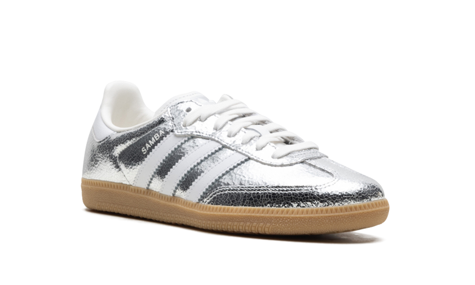 Adidas Samba OG Silver Metallic Cracked Leather (Women's) JR0035 SneakerMood Front three-quarter view