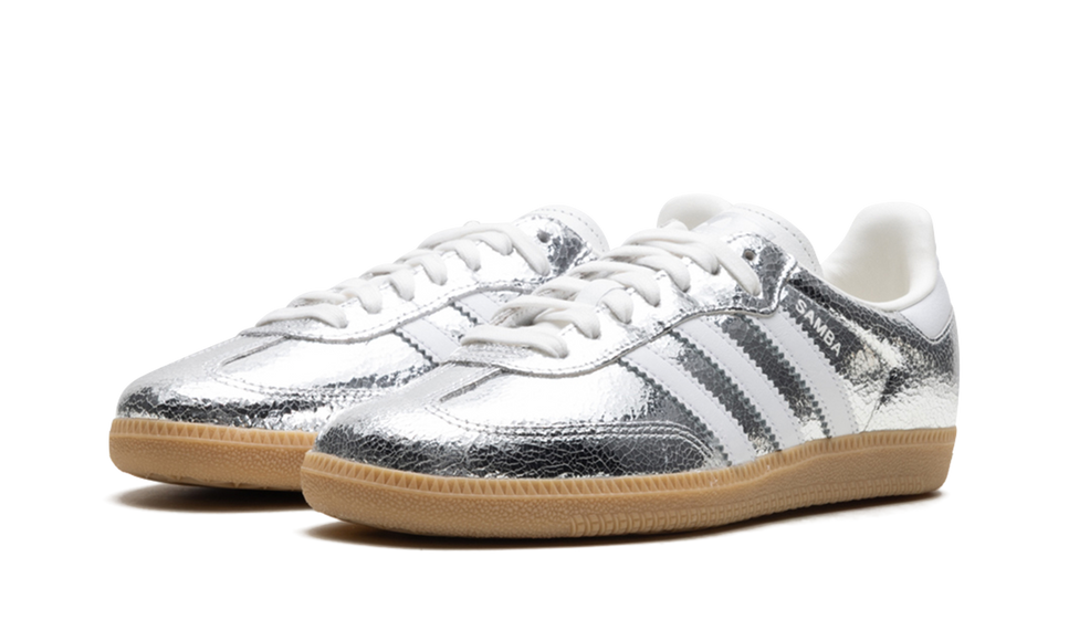 Adidas Samba OG Silver Metallic Cracked Leather (Women's) JR0035 SneakerMood Pair, front three-quarter view