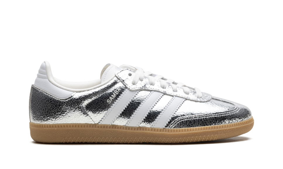 Adidas Samba OG Silver Metallic Cracked Leather (Women's) JR0035 SneakerMood Side view, toe pointing right