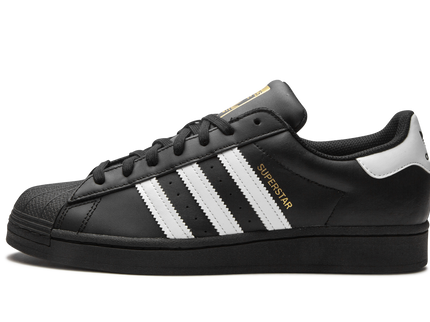 Adidas Superstar Core Black Cloud White Gold EG4959 SneakerMood Side view, toe pointing left