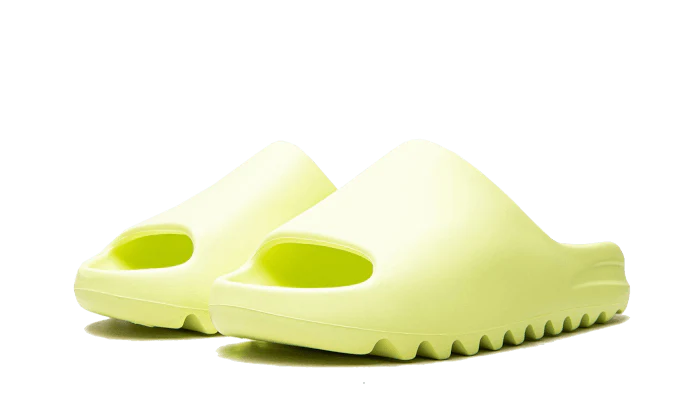 Adidas Yeezy Slide Glow Green (2022/2023 Restock) HQ6447 SneakerMood Pair, front three-quarter view