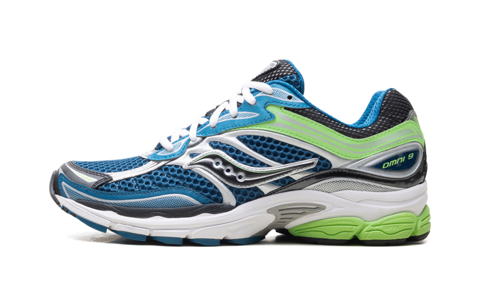 Saucony ProGrid Omni 9 Blue Lime S70739-29 SneakerMood Side view, toe pointing left