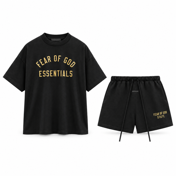 Essentials Black Gold Jersey Summer Set Complete Outfit SneakerMood