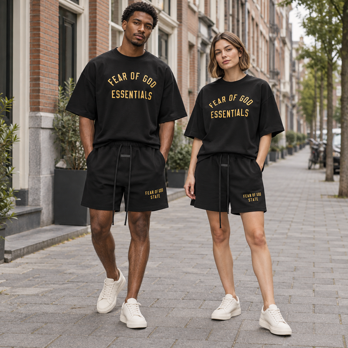 Essentials Black Gold Jersey Summer Set Streetwear Couple SneakerMood