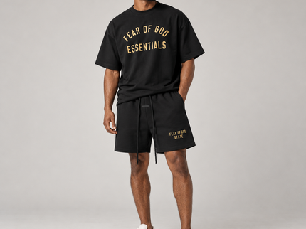 Essentials Black Gold Jersey Summer Set Studio Model SneakerMood