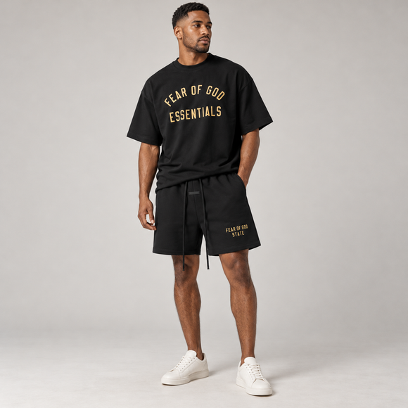 Essentials Black Gold Jersey Summer Set Studio Model SneakerMood
