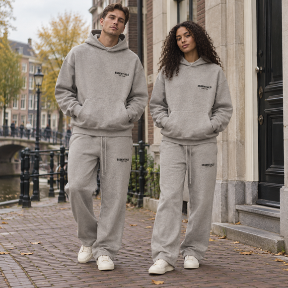 Essentials Dark Oatmeal Relaxed Winter Set Streetwear Couple SneakerMood