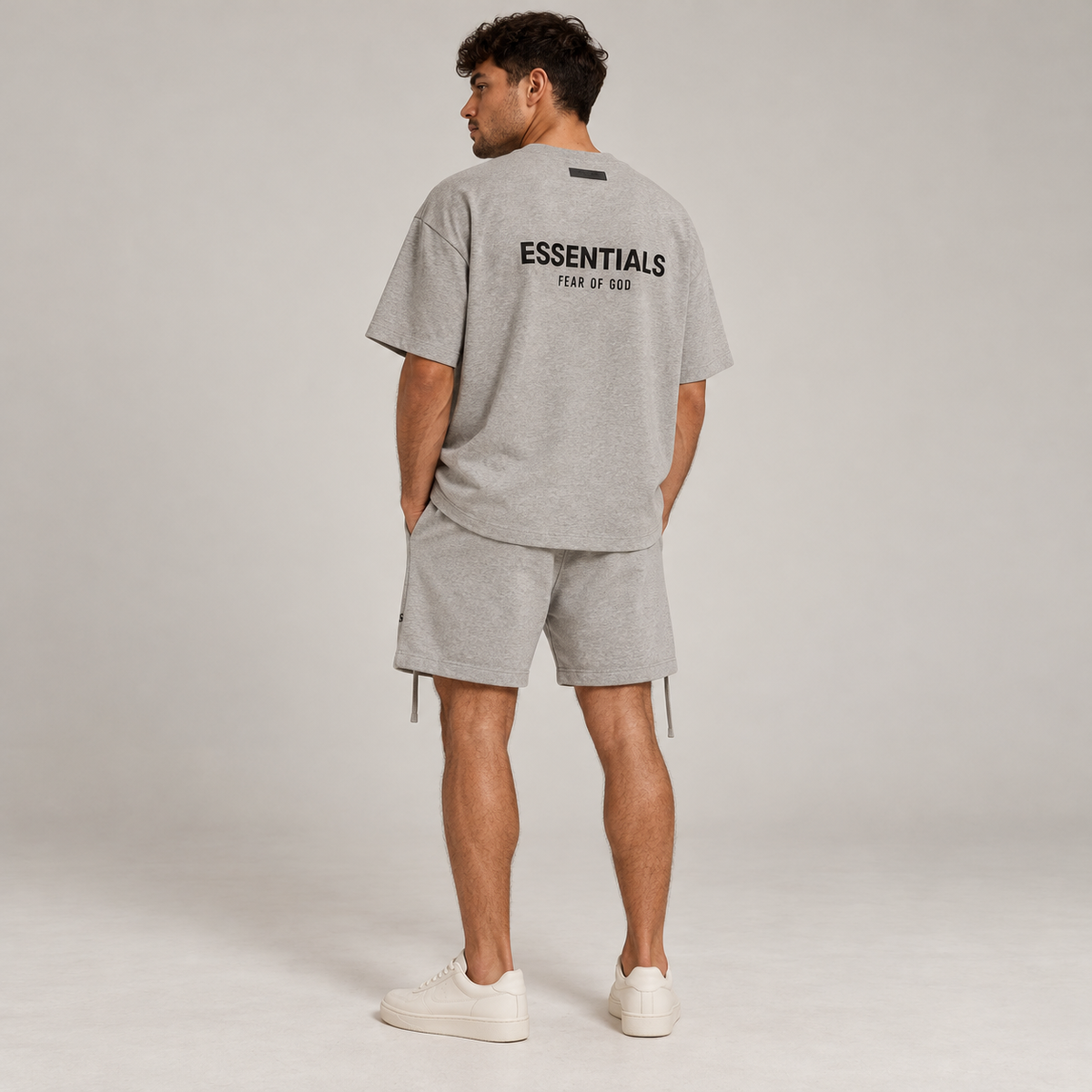 Essentials Dark Oatmeal Summer Set Studio Model Back SneakerMood