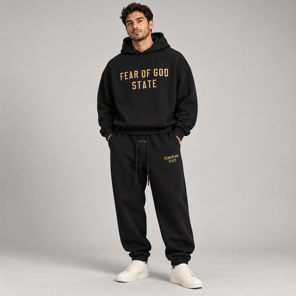 Essentials Fleece Black Gold Winter Set Studio Model SneakerMood