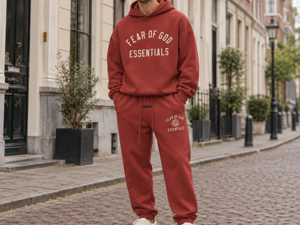 Essentials Fleece Crimson Red Winter Set Streetwear Model SneakerMood