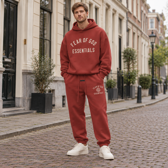 Essentials Fleece Crimson Red Winter Set Streetwear Model SneakerMood