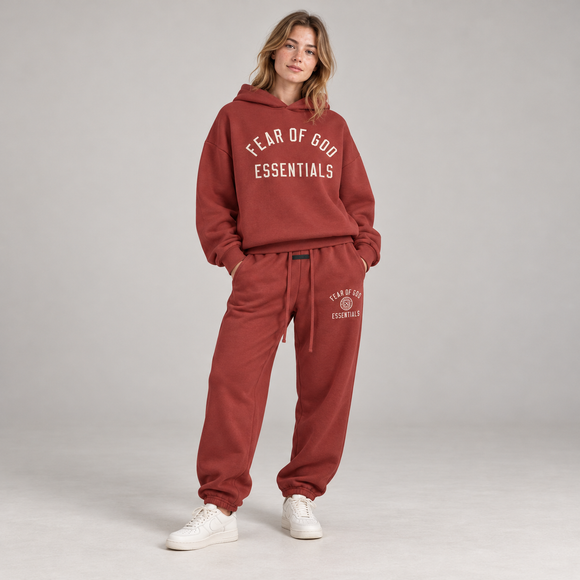 Essentials Fleece Crimson Red Winter Set Studio Model SneakerMood