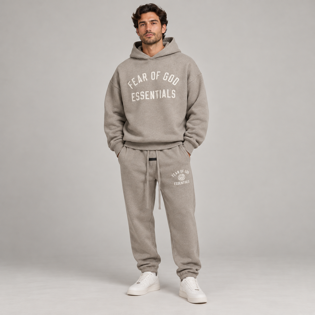 Essentials Heather Grey State Fleece Winter Set Studio Model SneakerMood