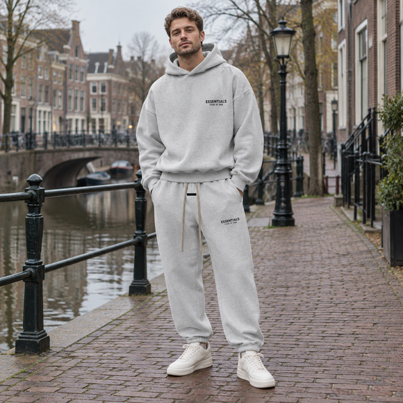 Essentials Light Heather Grey Fleece Winter Set Streetwear Model SneakerMood