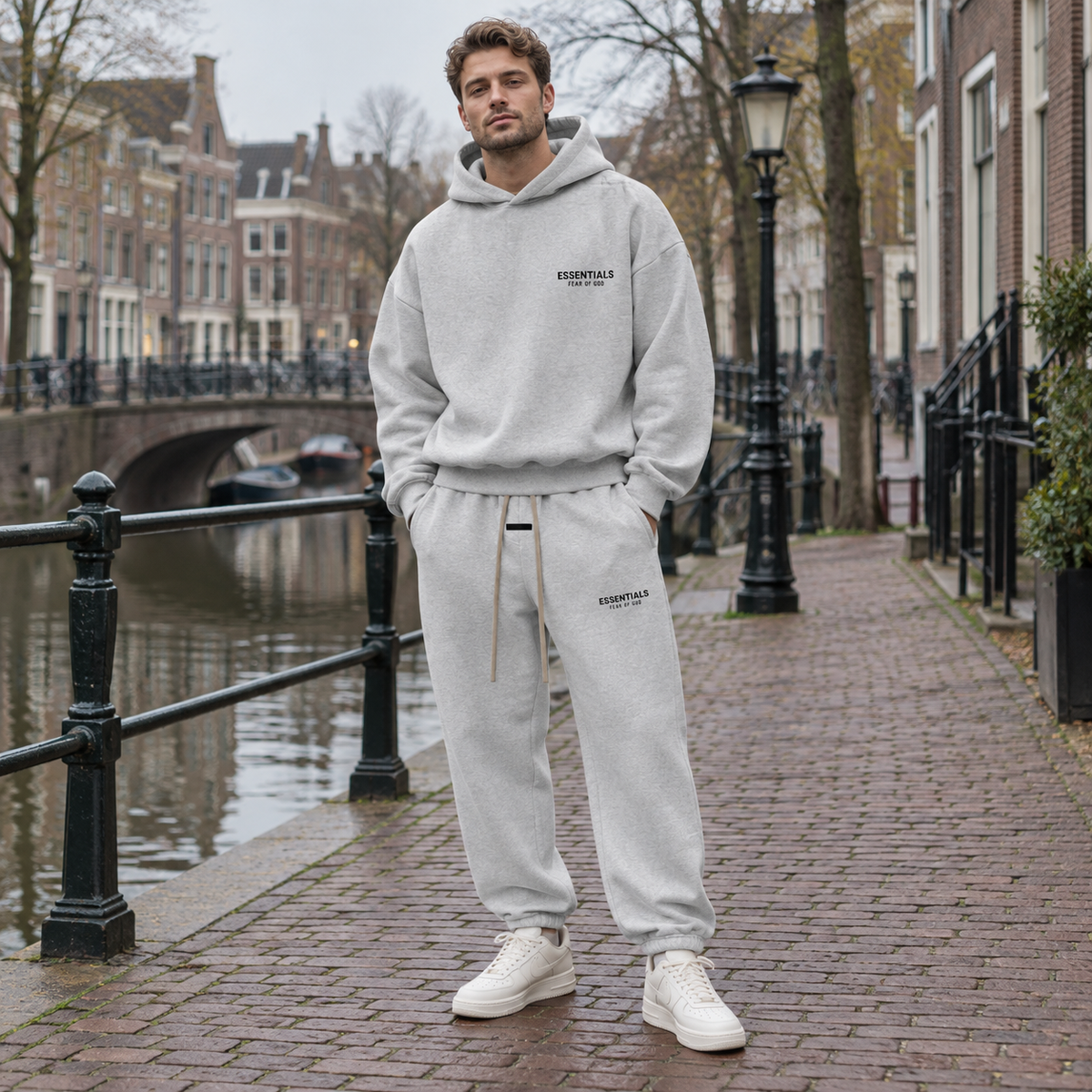 Essentials Light Heather Grey Fleece Winter Set Streetwear Model SneakerMood