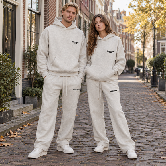 Essentials Light Oatmeal Relaxed Winter Set Streetwear Couple SneakerMood