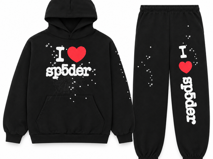 Sp5der I Heart SP5 Set Black – hoodie en sweatpants, vooraanzicht op witte achtergrond