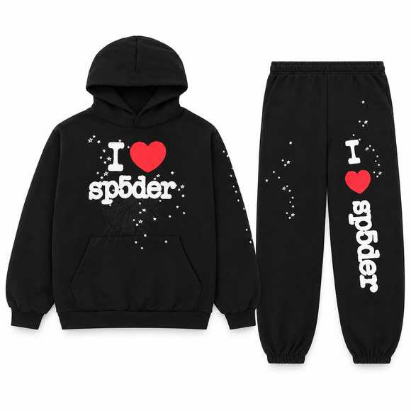 Sp5der I Heart SP5 Set Black – hoodie en sweatpants, vooraanzicht op witte achtergrond