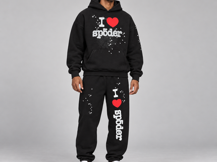 Sp5der I Heart SP5 Set Black – hoodie en sweatpants gedragen door een model in de studio