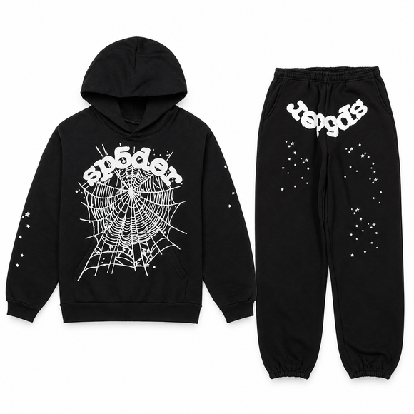 Sp5der OG Web Set Black – hoodie en sweatpants, vooraanzicht op witte achtergrond