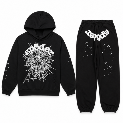 Sp5der OG Web Set Black – hoodie en sweatpants, vooraanzicht op witte achtergrond